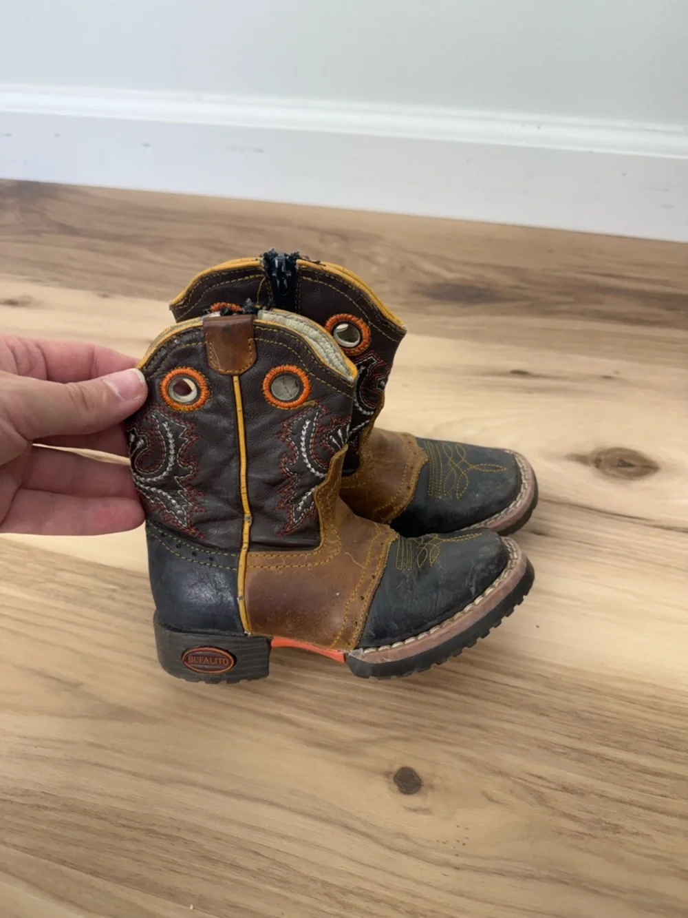 El General Brown & Black Kids Western Pull-On Boots with Orange Accents